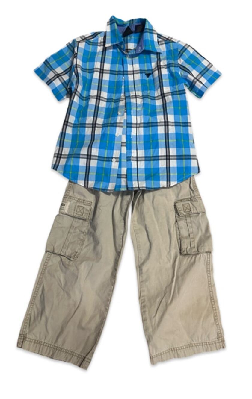 Wrangler Size 8 M Blue Plaid Shirt Tan Cargo Pants 2 Pc Set